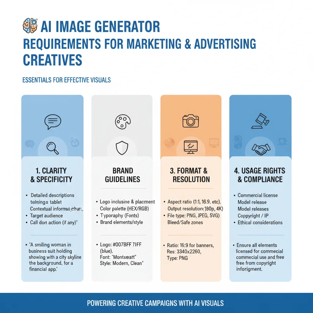 Requirements of marketing and advertising creatives for AI image generators infographic