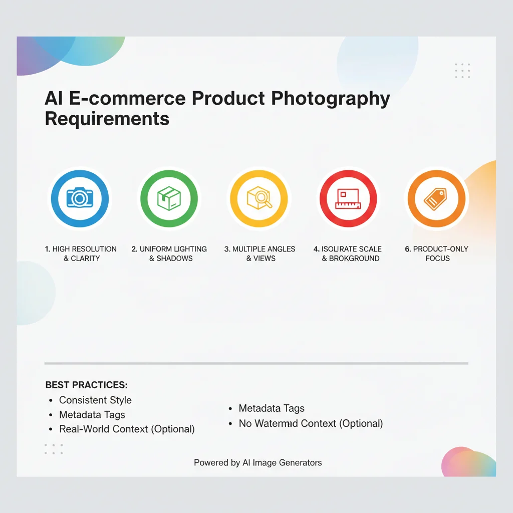 E-commerce product photography requirements for AI image generators infographic
