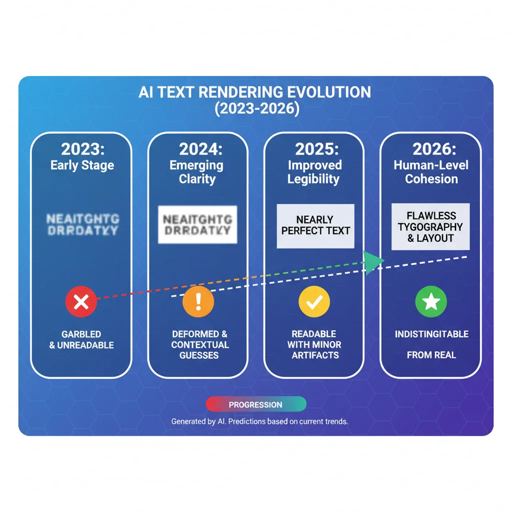 Evolution of text rendering quality in AI image generators 2026 infographic