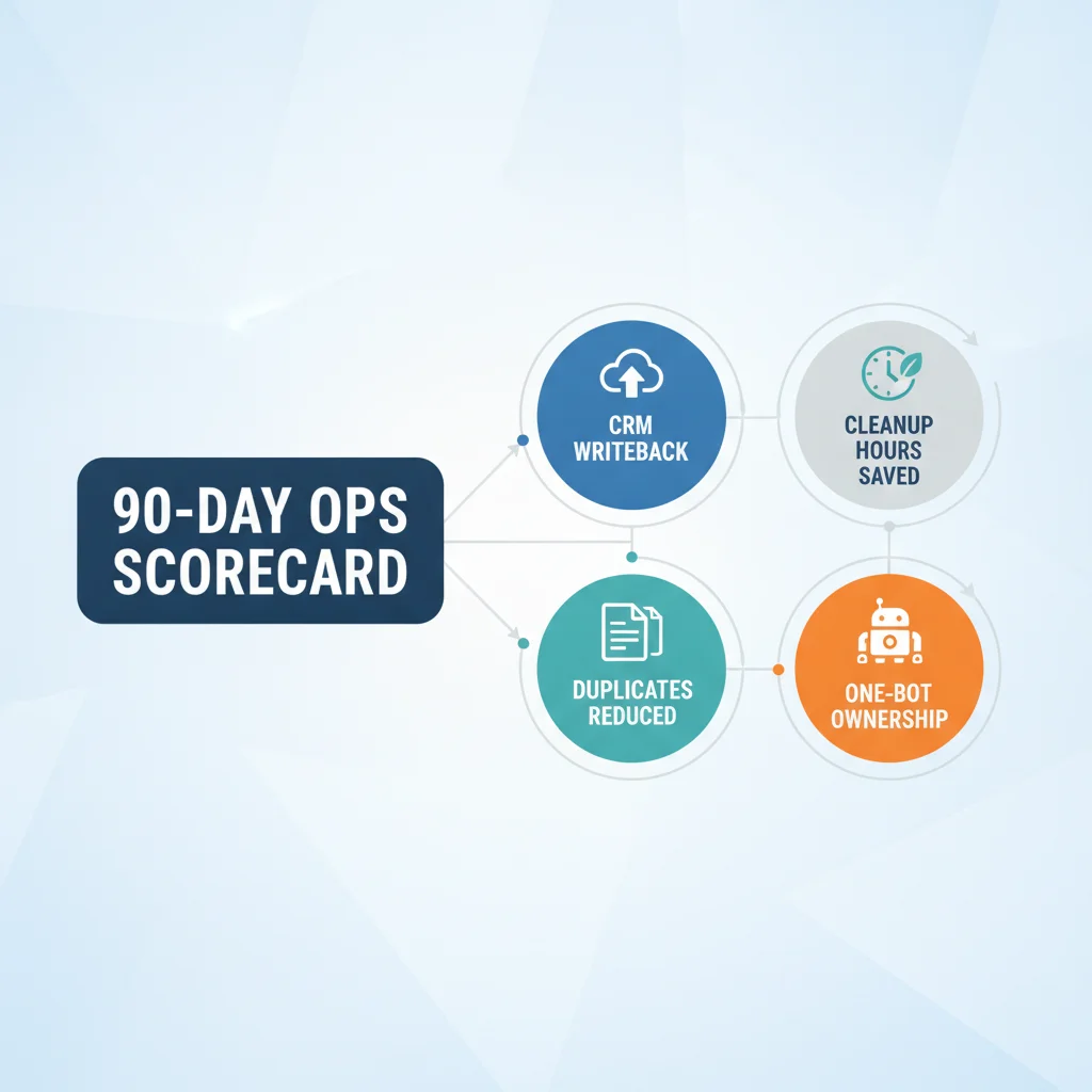 90-day ops scorecard for AI meeting assistants covering CRM writeback, duplicates, cleanup hours, and one-bot ownership