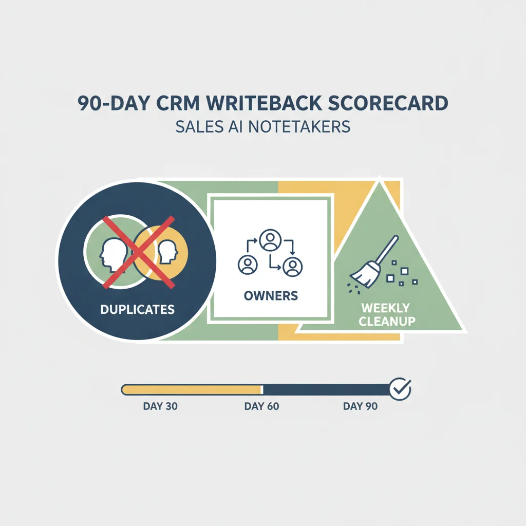 90-day CRM writeback scorecard for sales AI notetakers covering duplicates, owners, and weekly cleanup