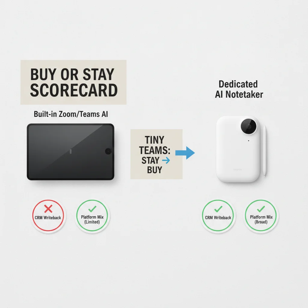 Buy-or-stay scorecard comparing built-in Zoom or Teams AI versus a dedicated notetaker on CRM writeback and platform mix
