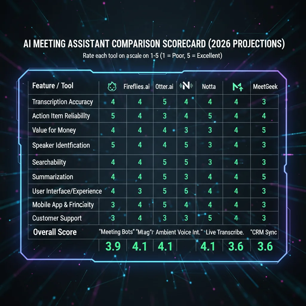 Fireflies vs Otter vs Notta vs MeetGeek 2026 comparison scorecard with real-world scores for transcription accuracy, action item reliability, integrations, and value