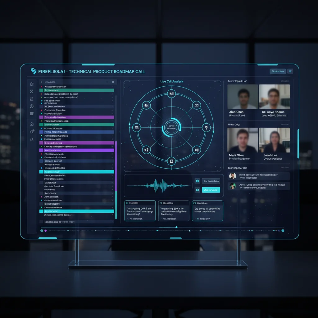 Fireflies.ai topic tracking and soundbite clipping interface used during a technical product roadmap call