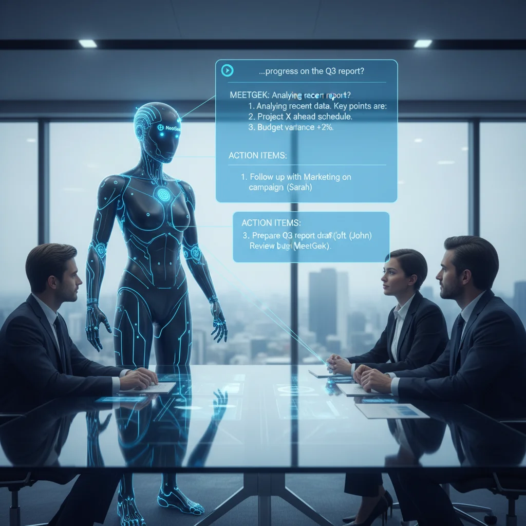 MeetGeek AI agent participating in a standup meeting with visible conversation flow and action items