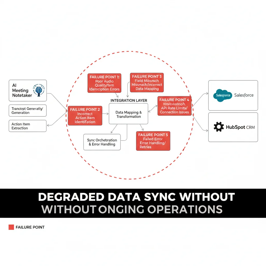 Diagram of CRM sync failure points between AI meeting notetakers and Salesforce or HubSpot
