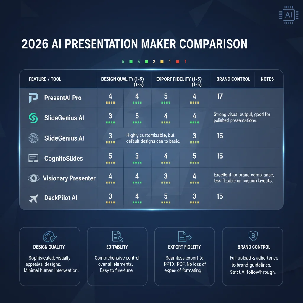 2026 AI presentation maker comparison scorecard with design quality, editability, export fidelity, and brand control scores