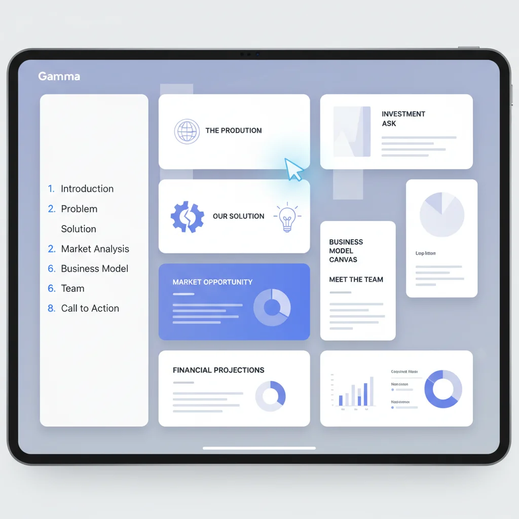 Gamma app generating a full investor pitch deck from a simple outline with modern card-based layout