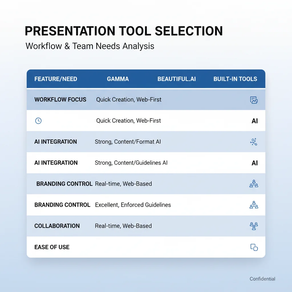Decision matrix for choosing between Gamma, Beautiful.ai, Plus AI, and built-in tools based on workflow and team needs