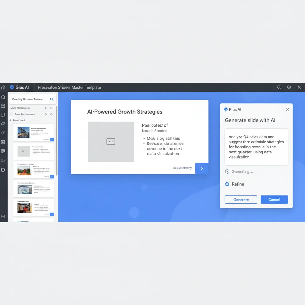 Plus AI add-in inside Google Slides showing prompt-based generation while preserving the company's approved master template