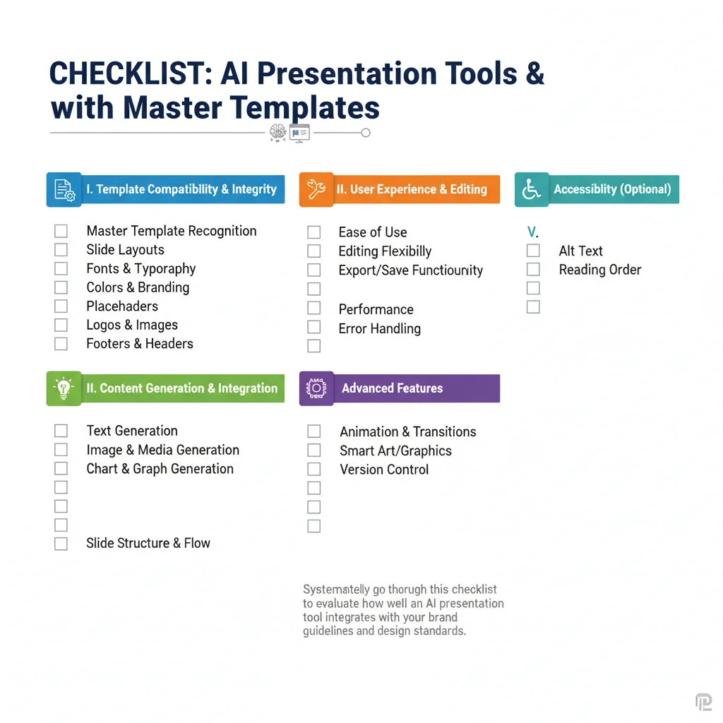 Checklist for testing AI presentation tools inside existing Google Slides or PowerPoint master templates