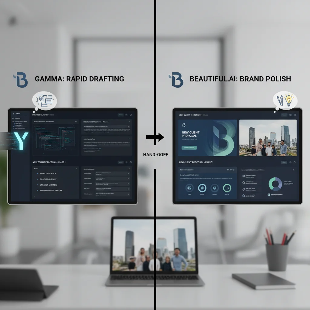Gamma being used to rapidly generate a first draft for a new client engagement before handing off to Beautiful.ai for brand polish