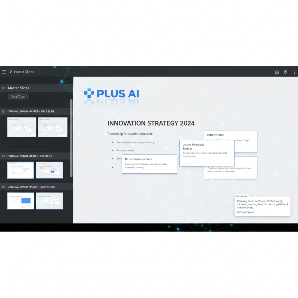 Plus AI remixing an existing proven pitch deck template inside Google Slides while preserving master slides and brand