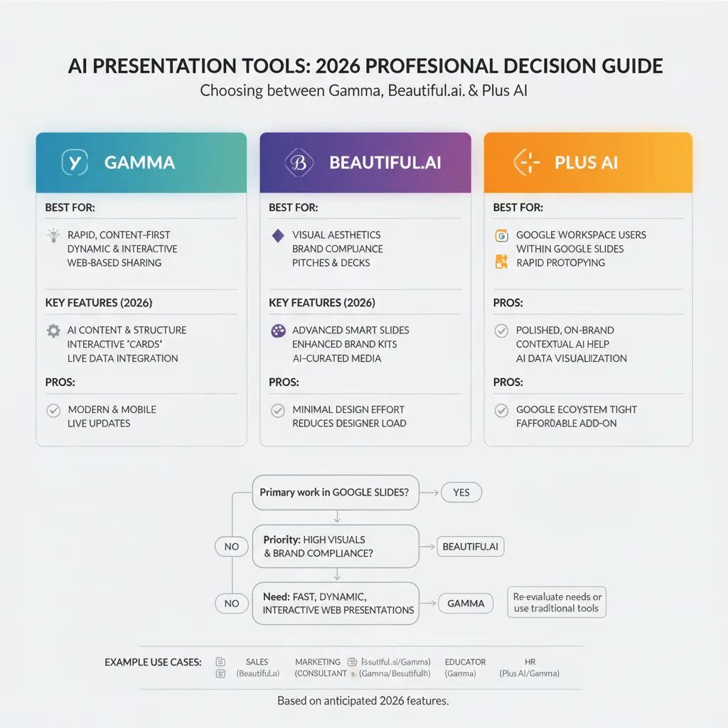 Decision guide for choosing between Gamma, Beautiful.ai, and Plus AI based on professional use case in 2026