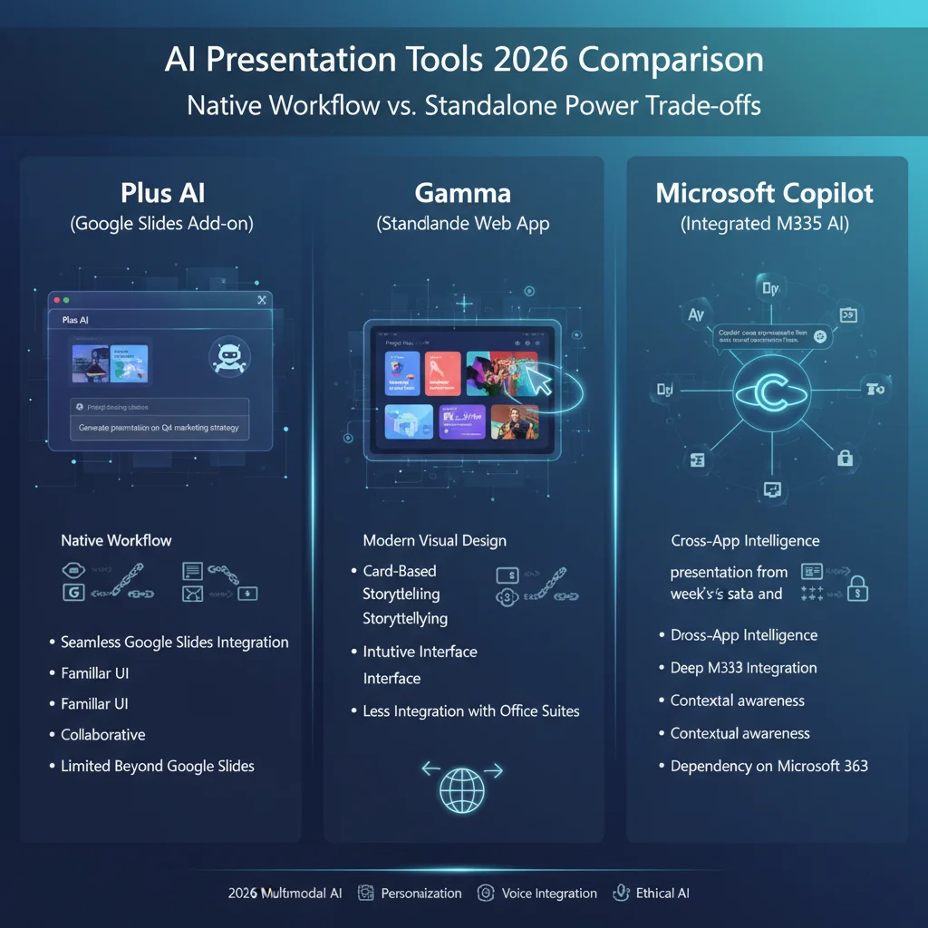 Plus AI vs Gamma vs Microsoft Copilot 2026 comparison showing native workflow vs standalone power trade-offs