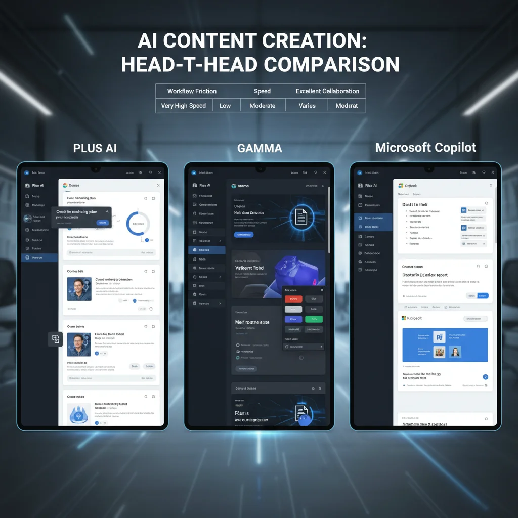 Head-to-head comparison table of Plus AI vs Gamma vs Microsoft Copilot on workflow friction, speed, and brand control