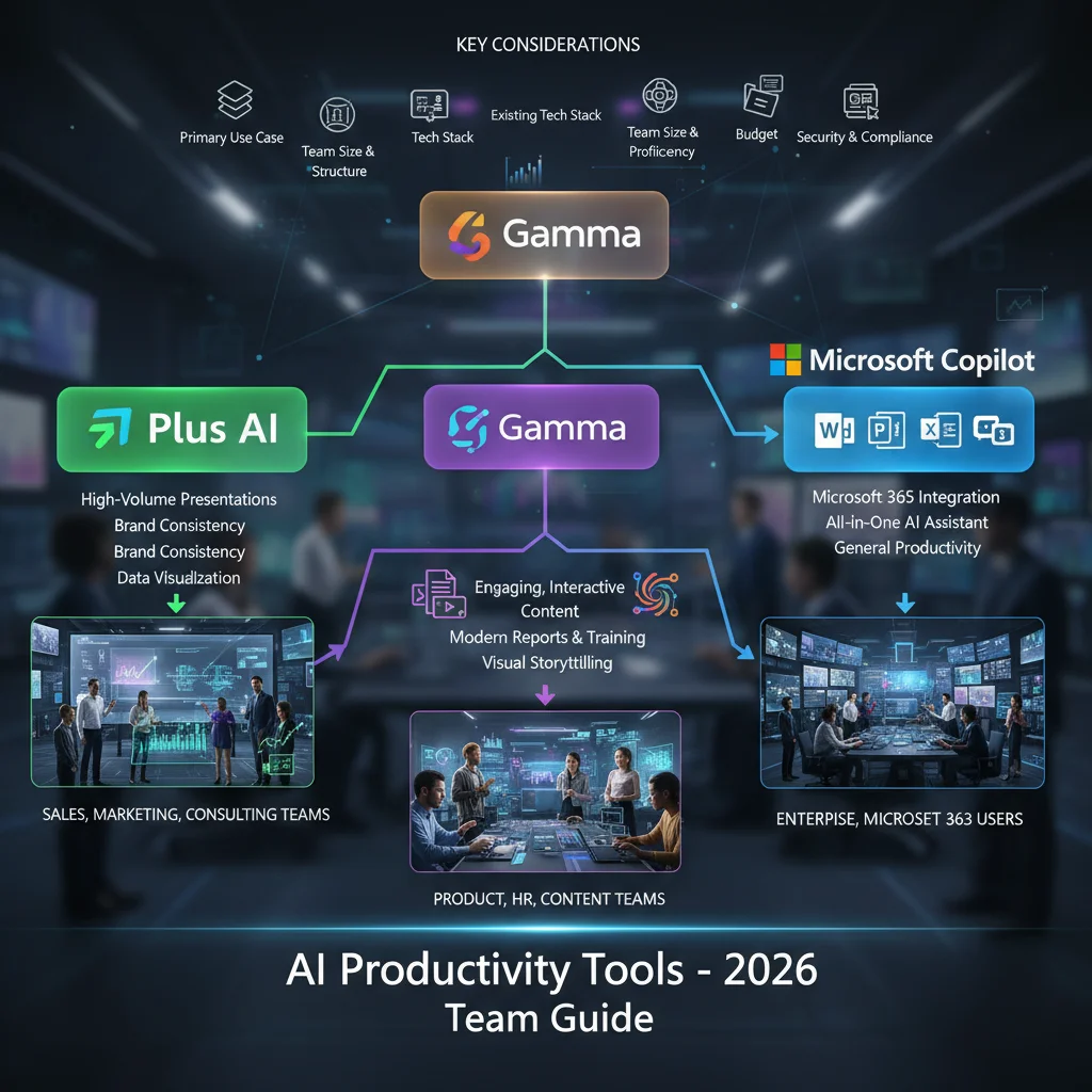 Decision guide for choosing between Plus AI, Gamma, and Microsoft Copilot based on team situation in 2026