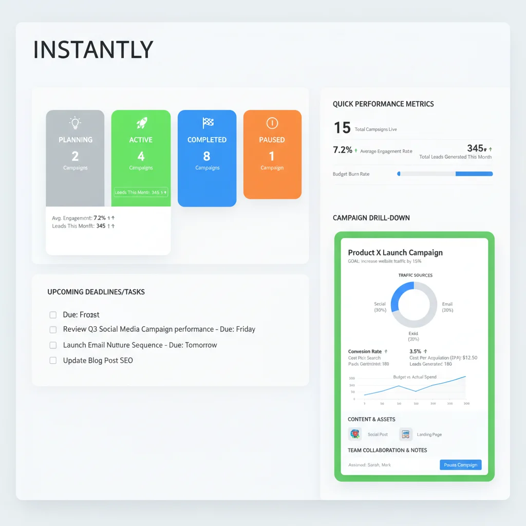 Instantly dashboard showing simple campaign management that a small team can run without dedicated ops support