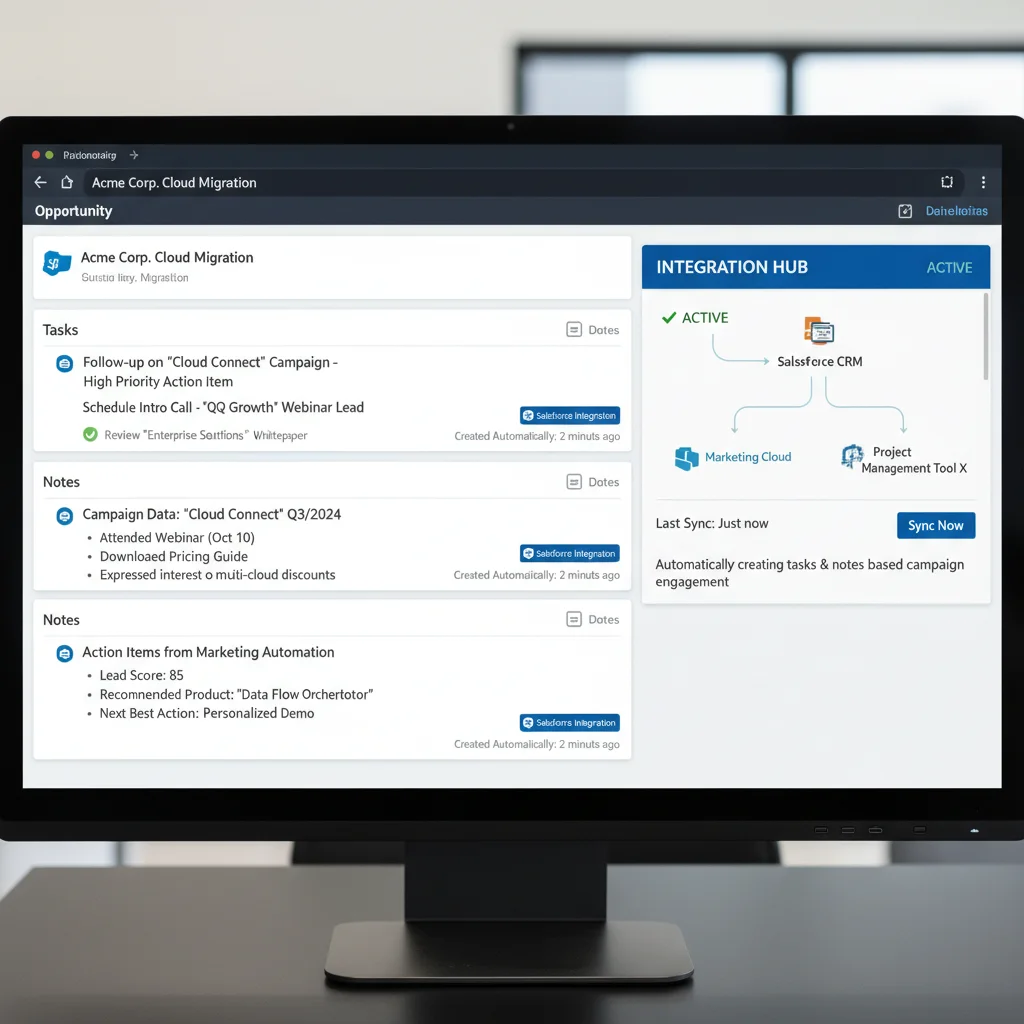 Instantly Salesforce integration showing action items and campaign data automatically created as tasks and notes on opportunities