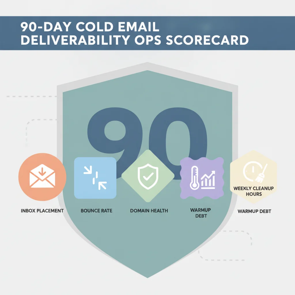 90-day cold email deliverability ops scorecard covering inbox placement, bounce rate, domain health, warmup debt, and weekly cleanup hours
