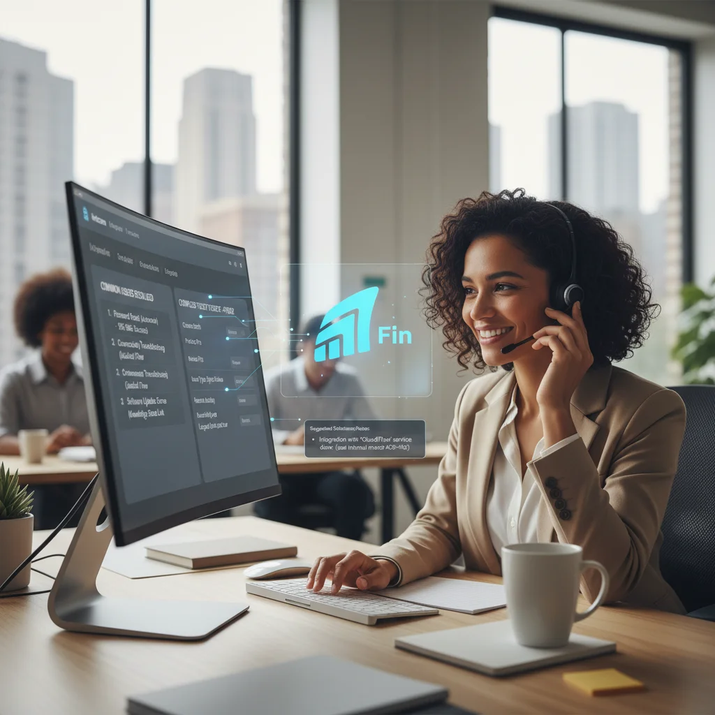 Intercom Fin helping a support agent by resolving common technical issues and surfacing relevant context for complex tickets