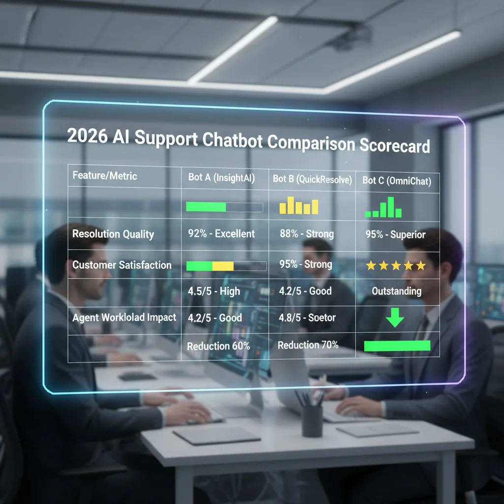 2026 AI support chatbot comparison scorecard with resolution quality, customer satisfaction, and agent workload impact scores