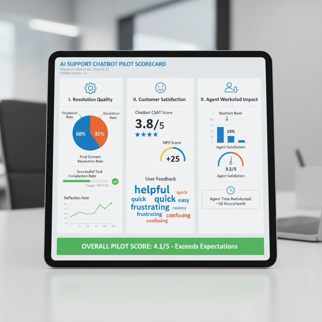 AI support chatbot pilot scorecard measuring resolution quality, customer satisfaction, and agent workload impact