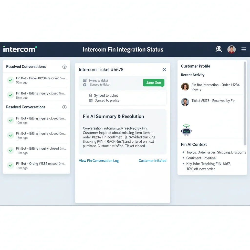 Intercom Fin integration showing resolved conversations and context automatically synced to Intercom tickets and customer profiles