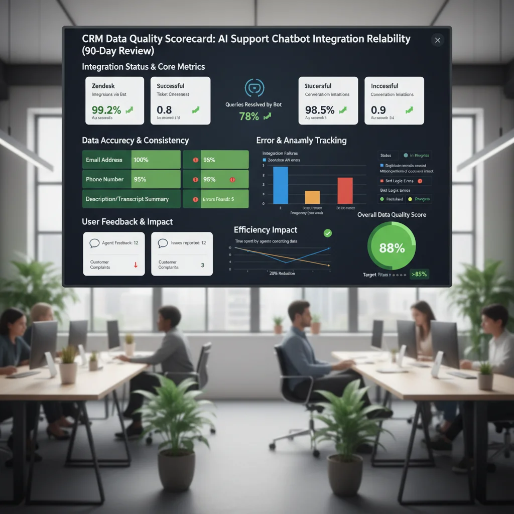 90-day CRM data quality scorecard used to evaluate AI support chatbot Zendesk and Intercom integration reliability