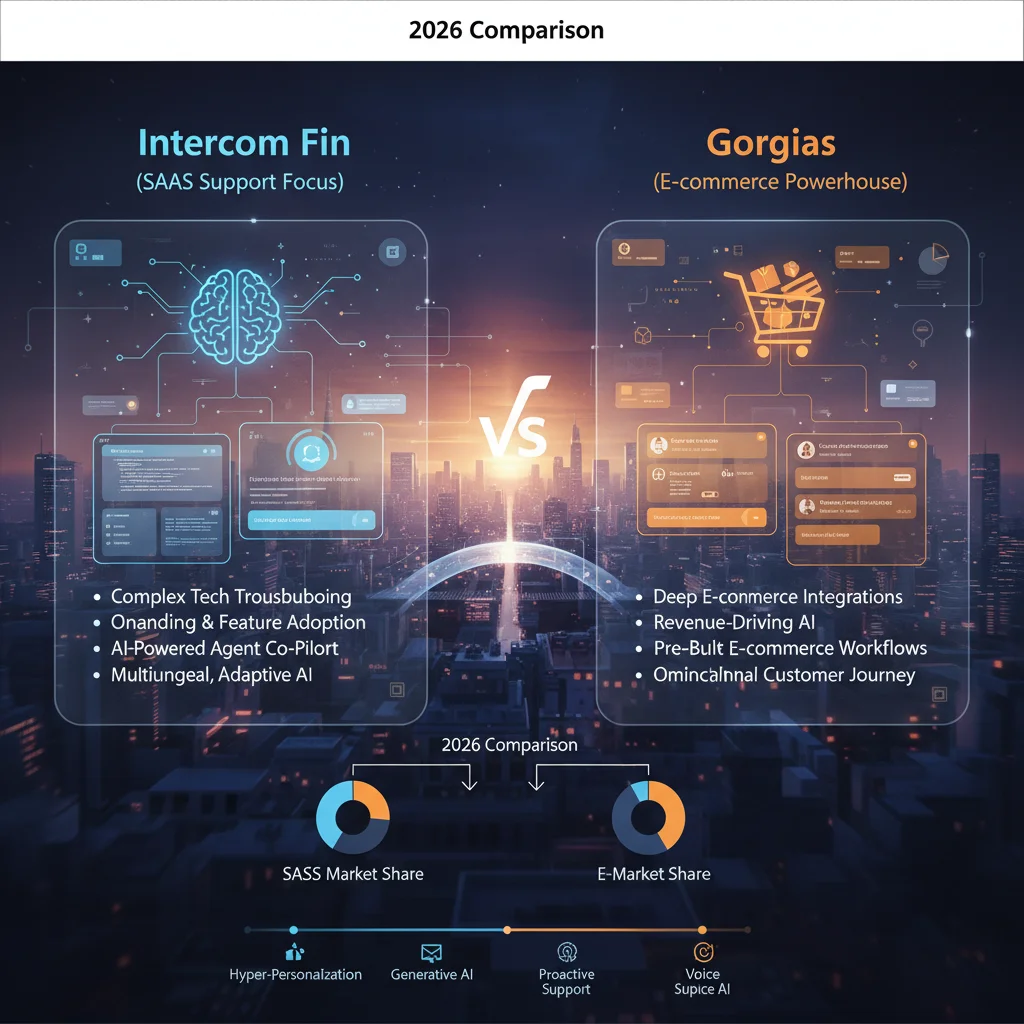 Intercom Fin vs Gorgias 2026 comparison showing e-commerce vs SaaS support requirements and chatbot performance