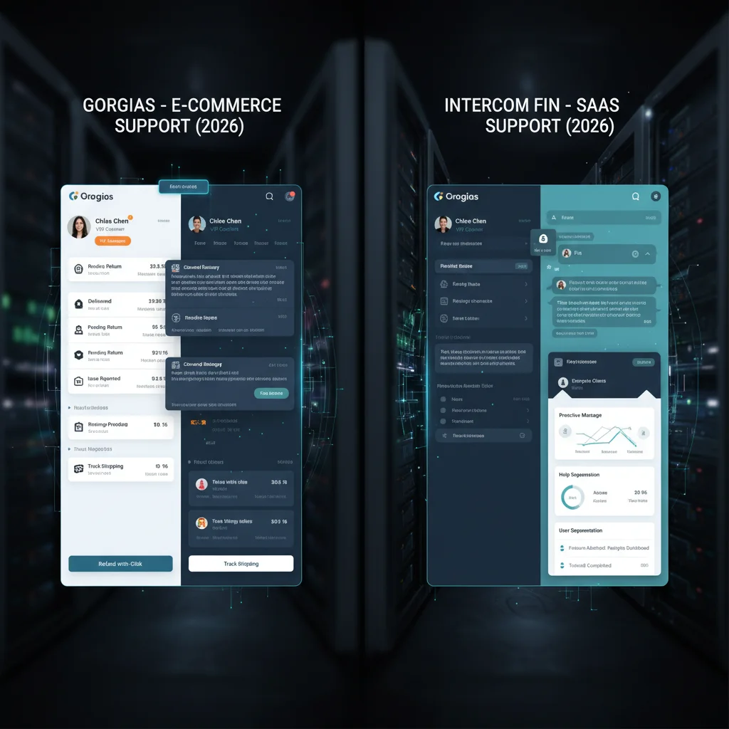 Head-to-head comparison table of Gorgias vs Intercom Fin for e-commerce vs SaaS support in 2026