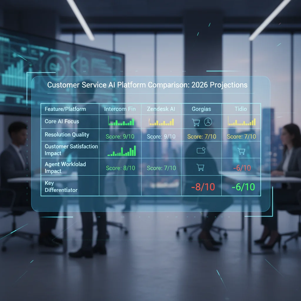 Intercom Fin vs Zendesk AI vs Gorgias vs Tidio 2026 comparison table with resolution quality, customer satisfaction, and agent workload impact scores