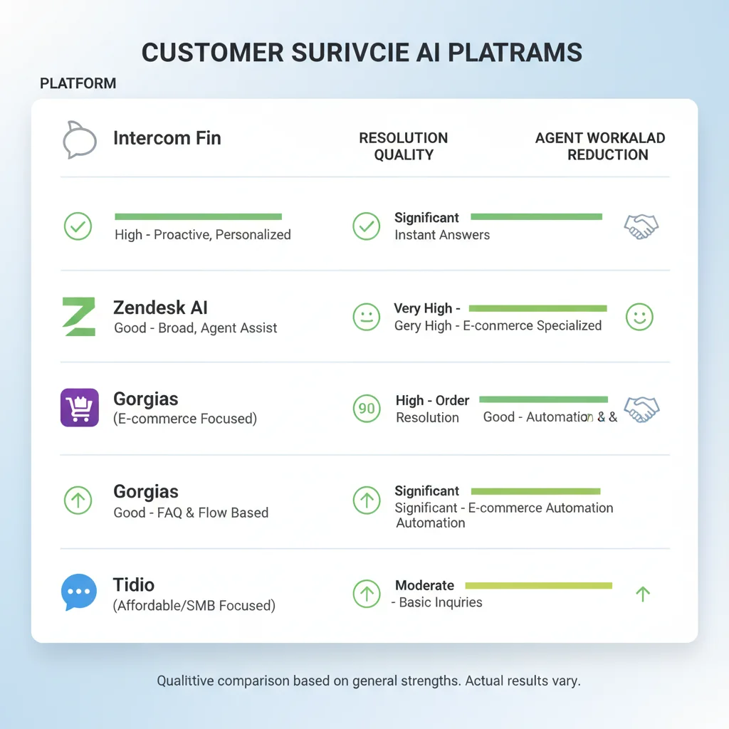 Head-to-head comparison table of Intercom Fin vs Zendesk AI vs Gorgias vs Tidio on resolution quality, CSAT, and agent workload